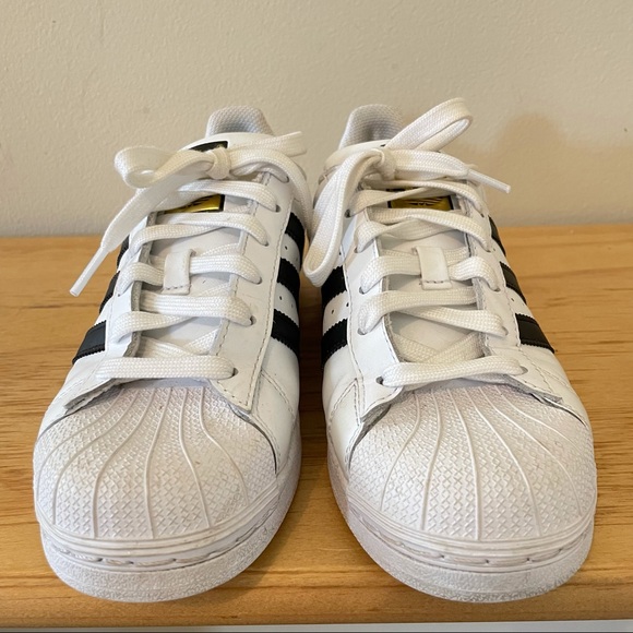 adidas superstar black white leather womens 5.5 sneakers low top striped - Picture 2 of 8